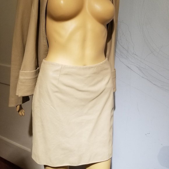 SOLD suit soft leather &silk light coffee JACKET /SKIRT - Picture 4 of 16